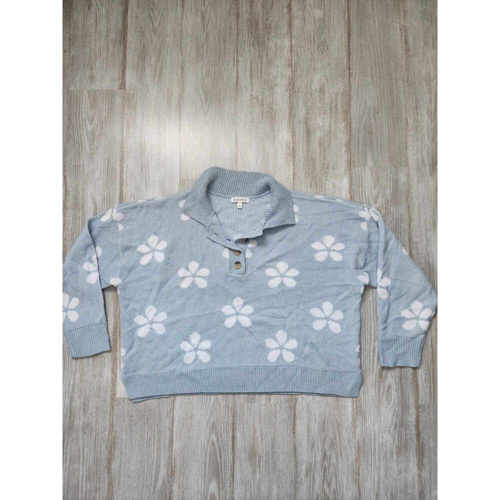 Derek Heart Crop Collared Sweater Blue White Flower 1/4 Button Relaxed Plus 2X